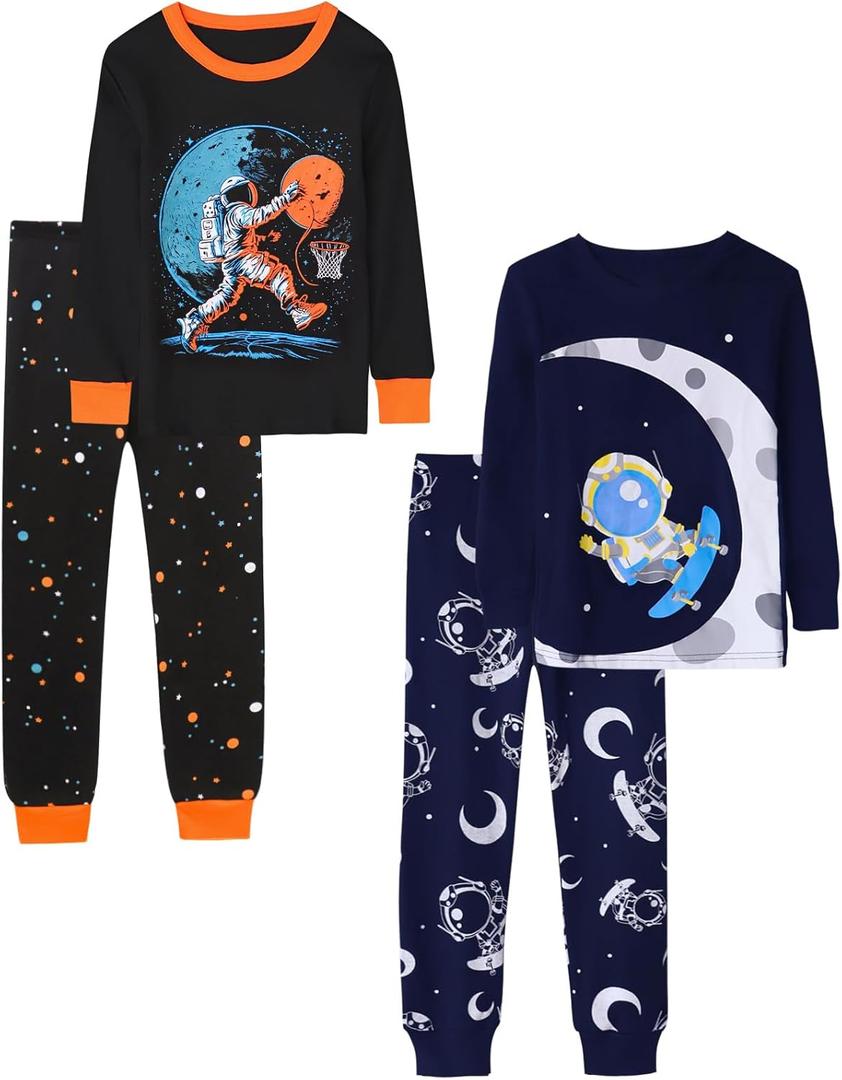 Boys 4-Piece Pajamas Cotton Christmas Halloween Pjs Set Kids Sleepwear (12, Navy/Black Astronaut)