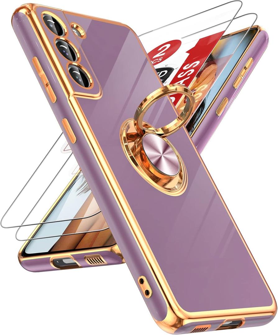 LeYi for Samsung Galaxy S21 FE 5G Case with Tempered Glass Screen Protector [2 Pack] 360 Rotatable Ring Holder Magnetic Kickstand, Plating Rose Gold Edge Protective Case, Purple
