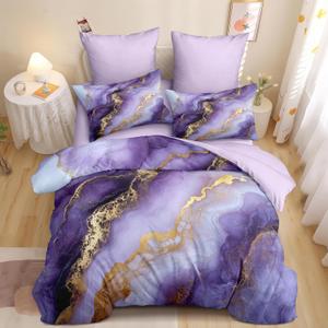 Marble Comforter Set King Size Purple Marble Texture Comforter Gold Fluid Marbling Abstract Modern Soft Lightweight Bedding Set for All Seasons (1 Comforter, 2 Pillowcases)