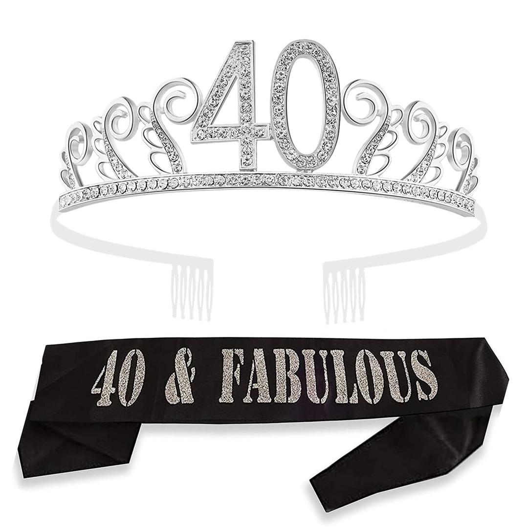 MEANT2TOBE 40th Birthday Sash and Tiara for Women - Fabulous Glitter Sash + Waves Rhinestone Silver Premium Metal Tiara for Her, 40th Birthday Gifts for 40 Party