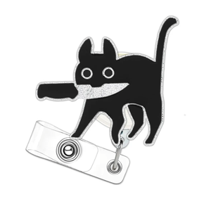 Funny Black Cat with Knife Badge Reel - Cute & Chaotic Kitten Retractable ID Holder with 360 Swivel Clip - Pediatric Friendly Nurse Accessories, Vet Tech RN CNA Gift for Student Teacher