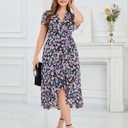 EYWOL Plus Size Wedding Guest Dress for Women, Floral Chiffon Midi Wrap Dress, Flutter Sleeve High Waist Flowy Summer Dresses (Black)