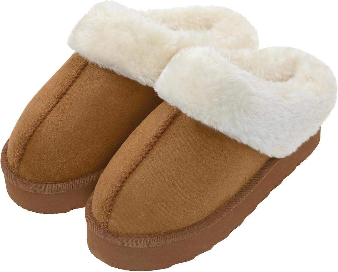 Womens Plush Platform Slippers Warm Fuzzy Winter Slippers Indoor/Outdoor Cozy House Shoes with Non-Slip Rubber Sole (8, Beige)