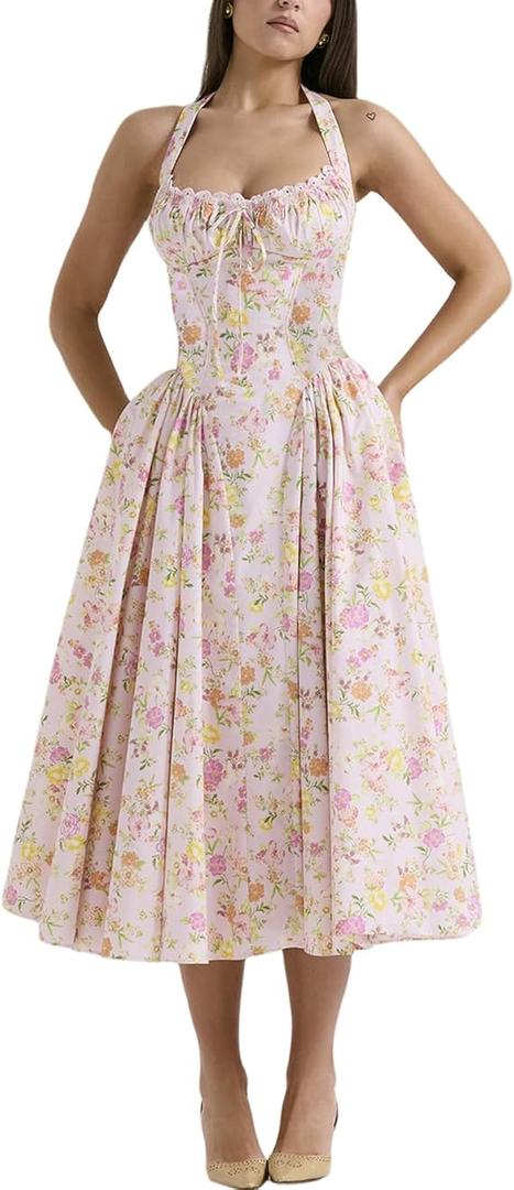 Women Floral Corset Dress Halter Neck Low Cut Bustier Lace Midi Dress Flowy Pleated Hem Long Sundress with Pockets Size S