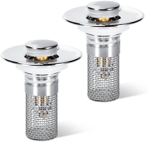 BOTEMY Bathroom Sink Drain Strainer,Pop-up Bathroom Sink Stopper fits 1.02"-1.2" Bathroom Sink Drain Holes in Diameter, Bathtub Drain with Removable Strainer Basket Hair Catcher(2 PCS, Silver)