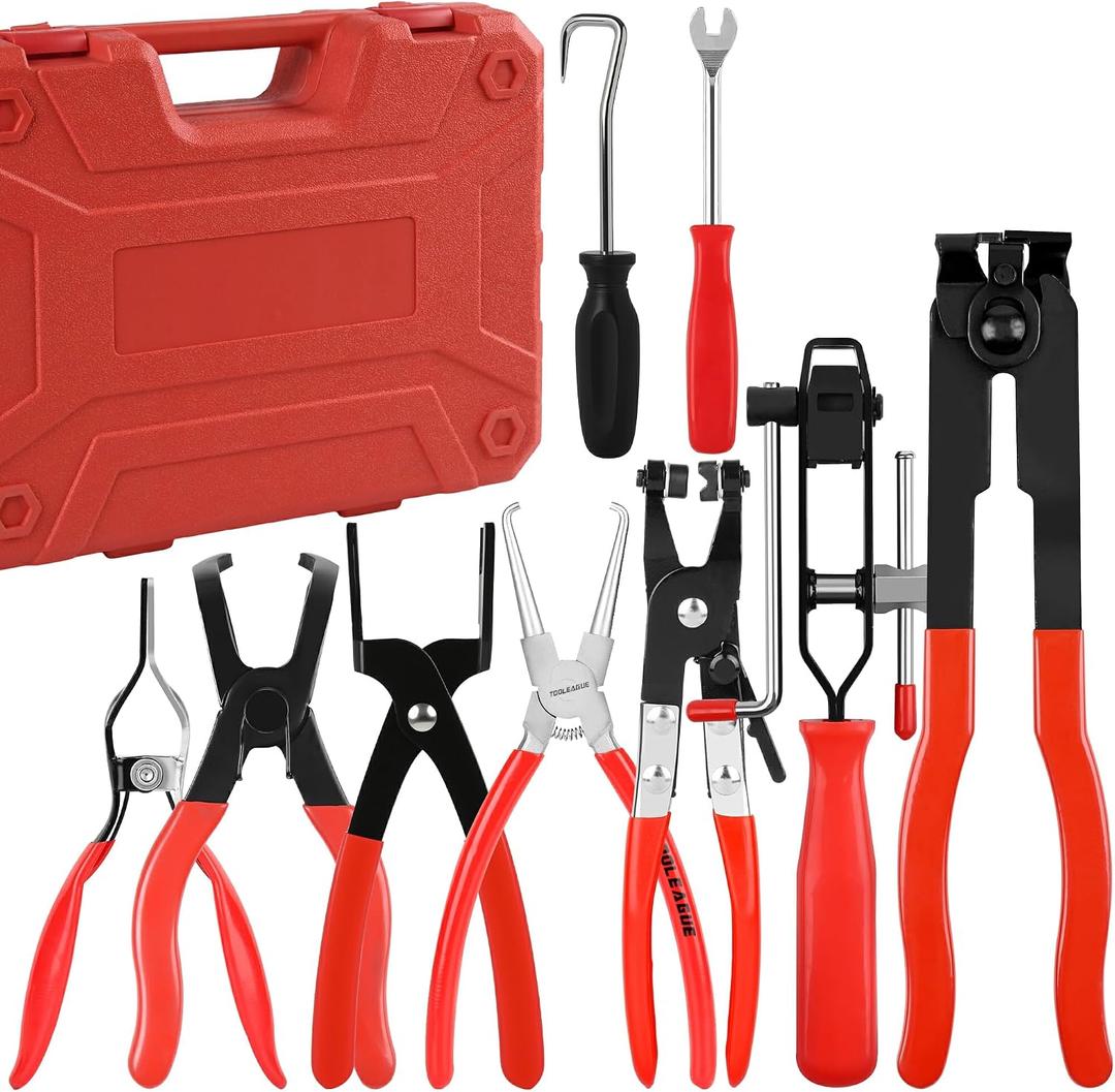 TOOLEAGUE 9Pcs Fuel Line Disconnect Pliers Set,9" Fuel Filter Caliper, Removal/CV Joint Boot Clamp/Flat Hose Clamp/30 Degree Disconnect Pliers Set for Auto Maintenance with Storage Case