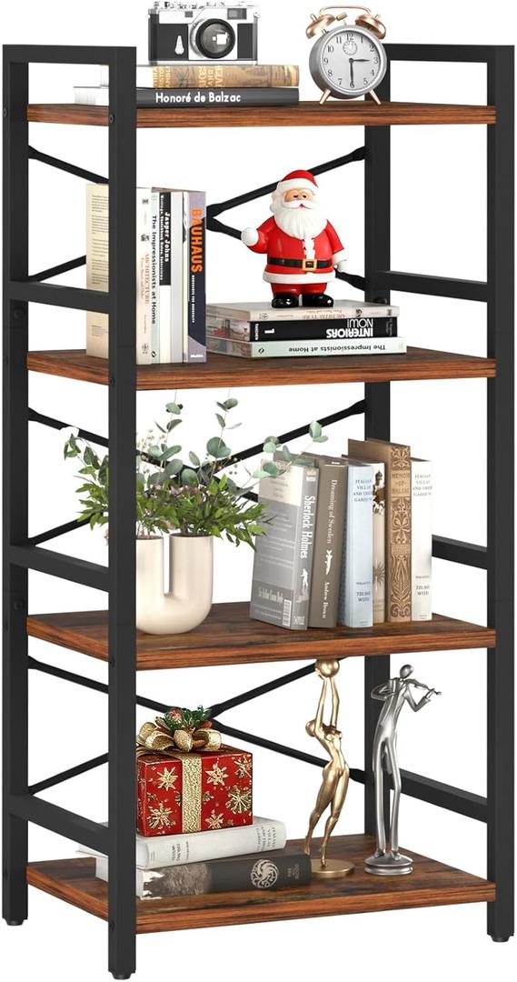 Yoobure 4 Tier Bookshelf - Small Book Shelf Industrial Bookcase, Narrow Book Case Book Storage Organizer for CD/Movie/Book, Bookshelves for Bedroom Office Living Room Berry Brown