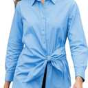 Womens Button Down Tie Front Shirt Long Sleeve Collared Pull on Blouse for Office Work Casual Wear Blue (M)