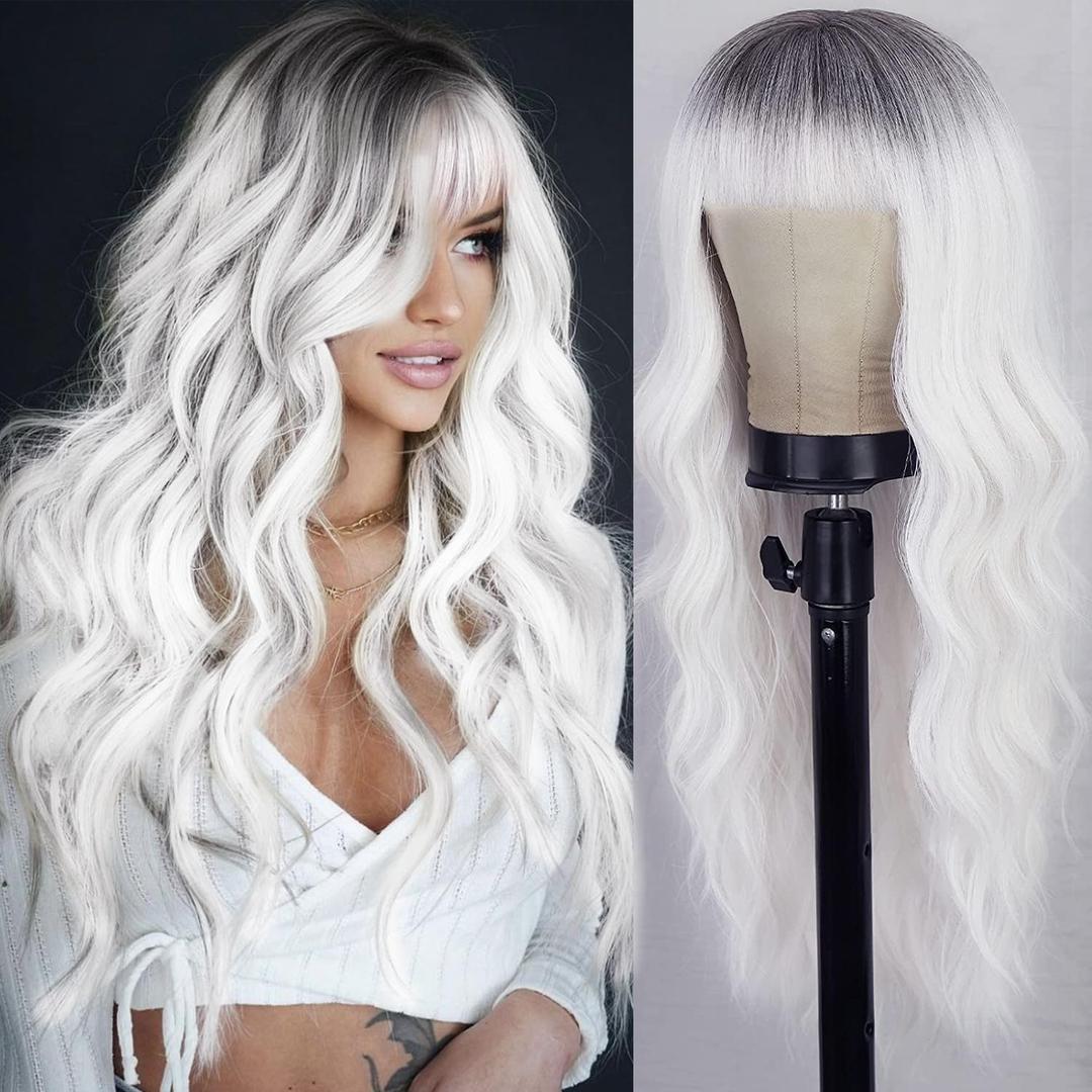 AISI QUEENS White Wigs for Women, Ombre White Wig with Bangs Long Wavy Wig Hair Dark Root Synthetic Wigs Heat Resistant Fiber for Daily Party Use