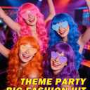 Long Curly Wig with Heart Sunglasses and Hair Cap Set of 4 | Colorful Colored Party Wigs Funny Costume Hairpieces for Cosplay