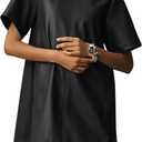Women Faux Leather Mini Dress Short Sleeve Crew Neck A Line Flowy Swing PU Party Dress with Pockets, (Small, Black)