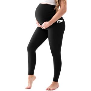 Walifrey Women's Maternity Leggings with Pockets Over The Belly,Pregnancy Yoga Pants Activewear Workout Leggings (Black, M)
