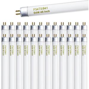 F54T5/841/HO 54W T5 HO Fluorescent Tube Light, 46 Inches T5 54 Watt Fluorecent Bulb, F54T5/841/CW, 4100K Cool White, 80 CRI, G5 Base 4300 Lumens 25 Pack