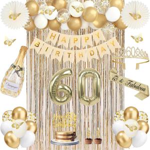 60th Birthday Decorations for Women, Champagne Gold 60th Birthday Gifts for Women, 60 Sash and Crown, Banner, Fringe Curtains, Hanging Paper Fans, 60 Year Old Party Supplies Set