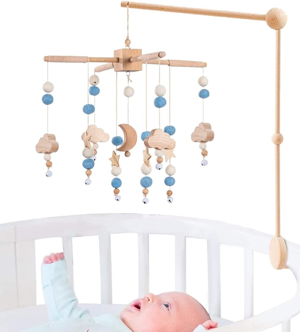 BlueMello Starry Night Baby Mobile Toy and Mobile Arm Holder 2 in 1 Set for Crib | Wooden Beads and Stars Bed Hanger for Boys and Girls | Hanging Nursery Decor for Bassinet | Perfect Baby Shower Gift'