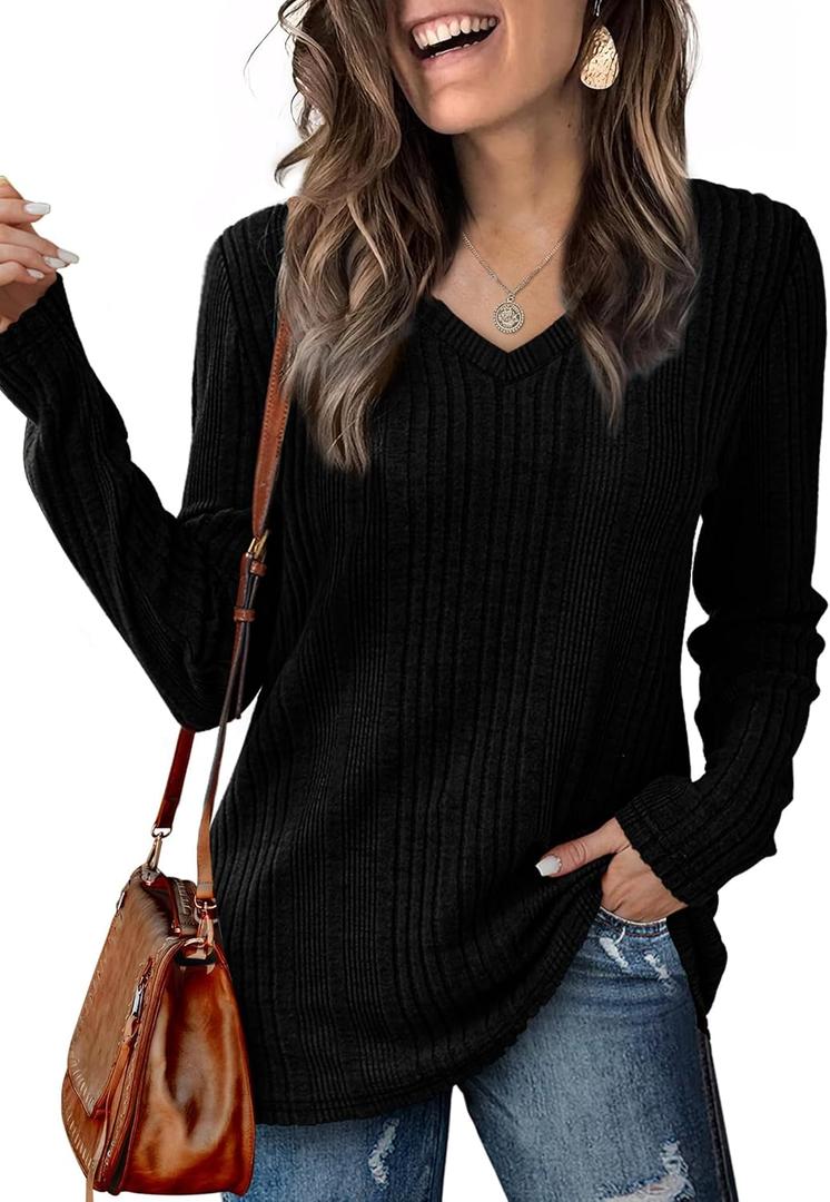 Lafural V Neck Long Sleeve Shirts for Women Casual Fall Tops Lightweight Tunic Sweaters Fashion Clothes 2024 (Black, M)