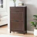 2 Flip Drawers Shoe Cabinet Storage for Entryway, Narrow Hidden Shoes Organizer for Front Door Entrance, Free Standing Shoes Cabinet Wooden Hallway Shoe Rack(Brown), Medium