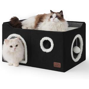 Bedsure Large Cat Beds for Indoor Cats - Extra Wide Cat Cube House for Small Pet with Fluffy Ball Hanging and Scratch Pad, Foldable Pet Cave Hideaway for Multiple Cats, 23.6x16.9x13 inches, Black