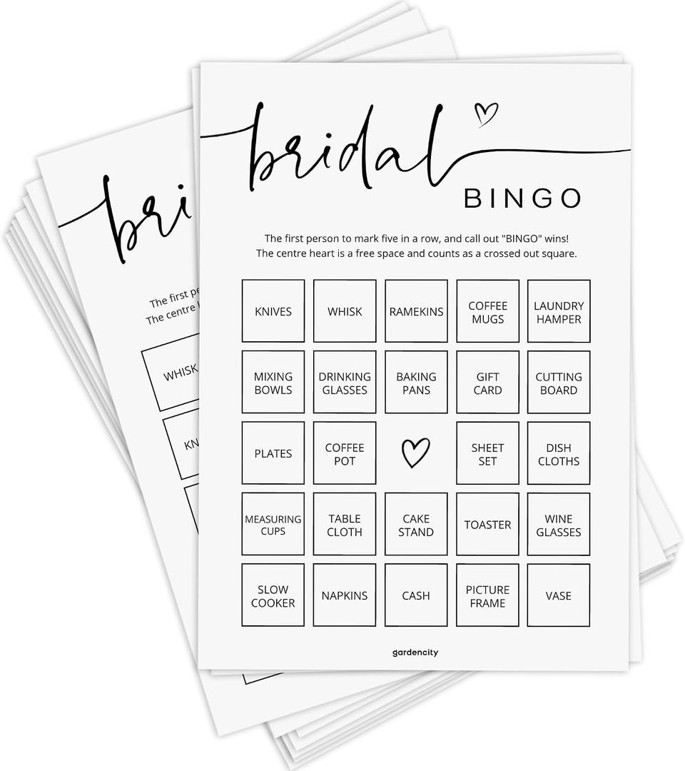 GardenCity Bridal Shower Gift Bingo, Bridal Shower Games for 50 Guests, Prefilled with Perforated Calling Card, Minimalist
