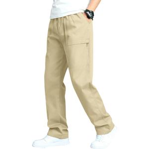 Men's Casual Cargo Pants Workout Sweatpants Joggers Stretch Hiking Drawstring Tactical Trousers (L, Khaki)