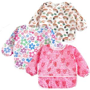 PandaEar 3 Pack Waterproof Baby Long Sleeve Bibs for Girls, Lightweight Toddler Art Smock with Catch-All Pocket, Washable Mealtime Bibs for Eating & Messy Play, Fits 6-24-36 Months