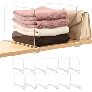 SortNStore Shelf Dividers Purse Organizer for Closet: 12-Pack Acrylic Bag Storage Organizer for Handbags, Clutches, Clothes, Sweater, Towel on Wood Shelves