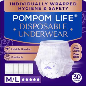 Incontinence Underwear for Women, Individually Wrapped Adult Diapers, High Absorbency Disposable, Breathable & Soft for Postpartum Women, Bladder Control, Day/Night Use Fits Waist 25"-33" (30 Count)
