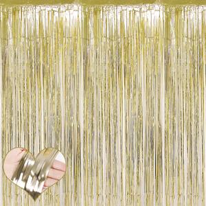 4 Pack Light Gold Fringe Curtain Backdrop, 3.2Ft x 8.2Ft Metallic Tinsel Foil Fringe Streamers Background for Photo Booth Birthday Wedding Baby Shower Carnival Easter Mothers Day Party Decorations
