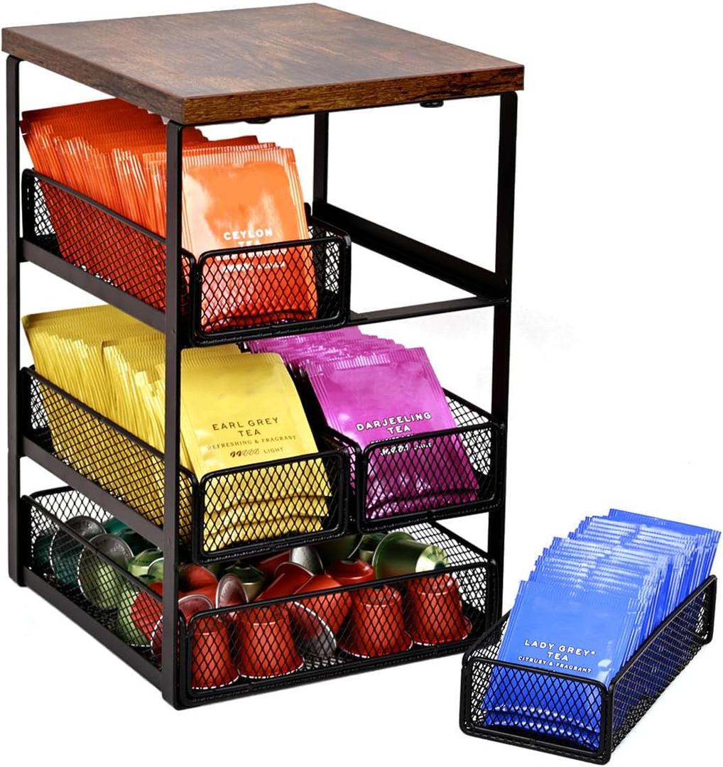 Tea Bag Organizer with 5 Drawers, Wooden & Metal Tea Storage Organizer for TeaBags, Coffee Pods, Creamers & Sugar Countertop Tea Bag Holder for Coffee Bar and Kitchen, Space-Saving Tea Storage Rack