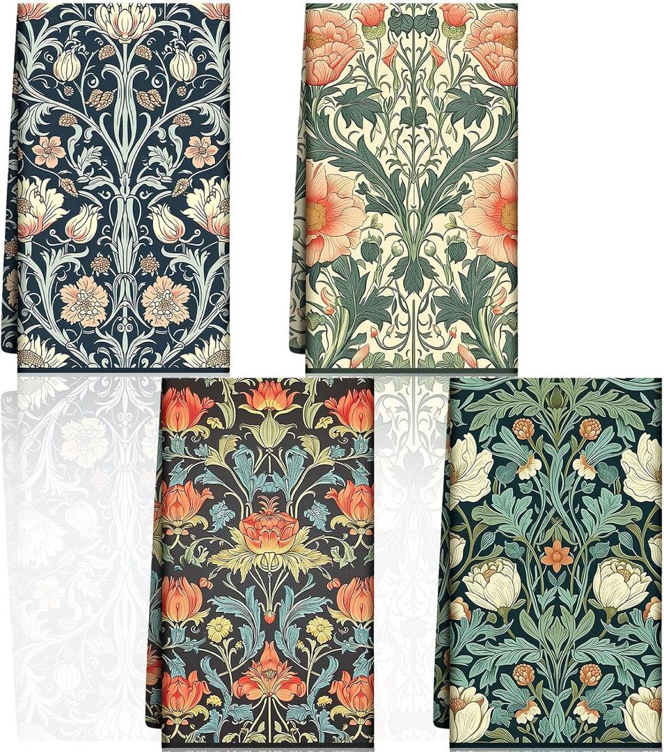 Tegeme 4 Pcs William Morris Floral Kitchen Towel Retro Vintage Flowers Dish Towels 18 x 26 Inch Decorative Hand Tea Towel for Bathroom Baking Cooking Cleaning Holiday Party Supplies