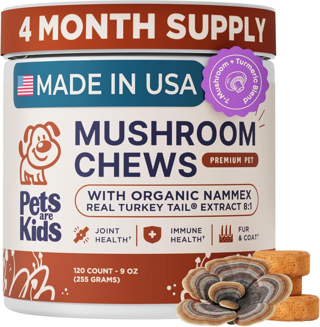 Pets are Kids Turkey Tail Mushroom for Dogs with Organic Real Turkey Tail - 8:1 Extract Mushroom Chews for Lumps & Bumps, Immunity, Gut, Skin, Joint & Spine Support - Reishi, Lions Mane - 120 Chews, Exp Date 02 28 