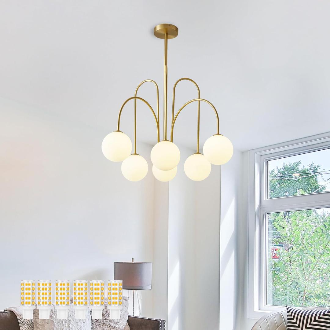 Glass Globe Chandelier, Modern Bubble Ball Pendant Light, Mid-Century Hanging Light for Dining Room Living Room Brass Finish (6 Lights)