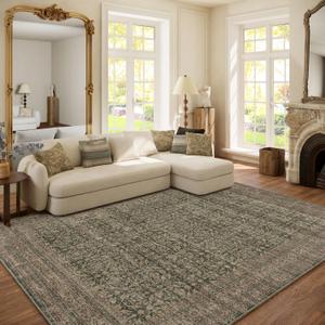Machine Washable Rugs for Living Room: 6x9 Area Rugs Boho Vintage Rugs Stain Resistant Non Slip Low Pile Soft Lightweight Carpet for Bedroom Kitchen Dining Room Nursery Kids Room Farmhouse (Dark Green Brown)
