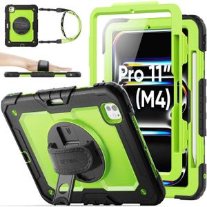 SEYMAC stock Case for iPad Pro 11-inch M5-M4 2025-2024, Shockproof Heavy Duty Case with Screen Protector, Pencil Holder, Rotating Stand, Hand Strap, Shoulder Strap, Green