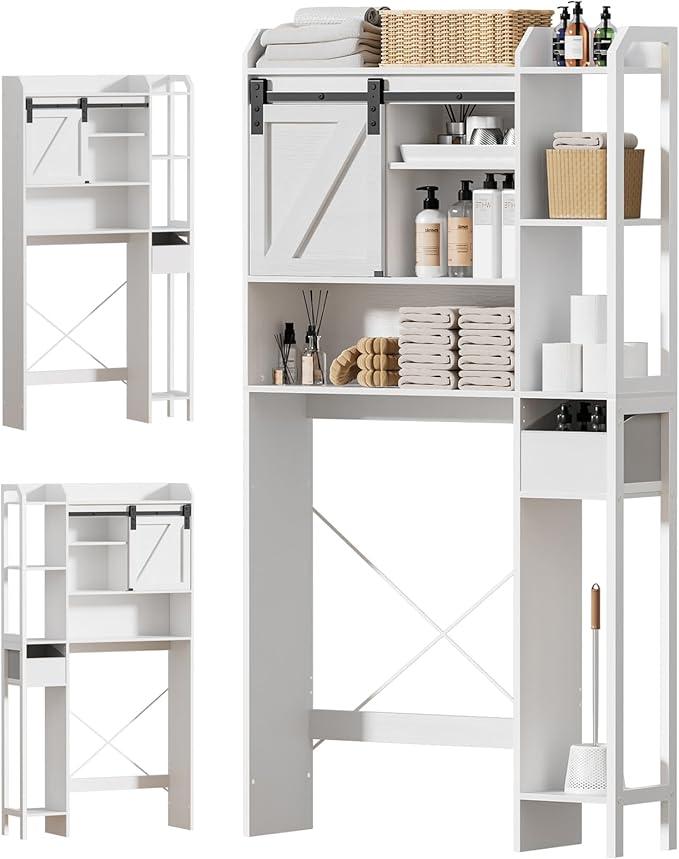 Over The Toilet Storage with 2 Drawers - 7 Tier Bathroom Organizer with Adjustable Shelf, Freestanding Space Saver Storage Rack Above Toilet Stand with 4 Hooks for Restroom, Laundry, White (31.1"W)