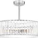 Modern Crystal Chandelier for Dining Room, 6 Light Chrome Semi Flush Mount Ceiling Light Fixtures, 19in Hallway Fixture, Round Kitchen Hanging Drum Pendant Lights Ceiling for Living Room Bedroom Foyer
