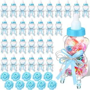 48 Pcs 4.7 Inches Baby Shower Bear Bottles Bulk Mini Clear Milk Plastic Bear Candy Bottles with Ribbon Artificial Roses for Baby Shower Favor Gift Newborn Party Decor(Blue)