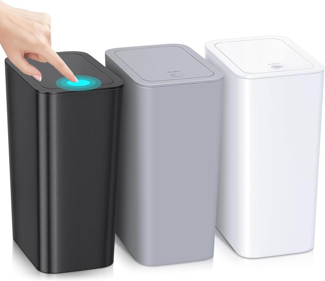 3 Pack 4 Gallon Bathroom Small Trash Can with Lid, 15L Slim Garbage Bin Wastebasket with Pop-Up Lid for Bedroom, Office, Kitchen, Dorm, Fits Under Desk