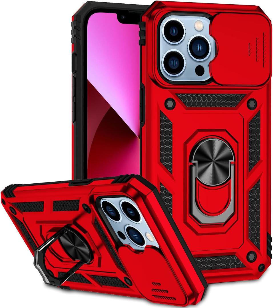 iPhone 13 Pro Case with Camera Cover & Kickstand, Slide Lens Protection + 360 Rotate Ring Stand, Impact-Resistant, Shockproof, Protective Bumper,Cases for iPhone 13 Pro 6.1 inch Red