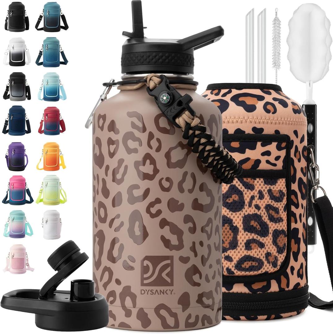 Insulated Water Bottle | Thickened Stainless Steel Vacuum Metal | Portable Sports Half Gallon Large Water Jug for Gym and Hiking with Straw, Carrier Bag, Handle Strap | BPA-Free 64 oz (Leopard Print)