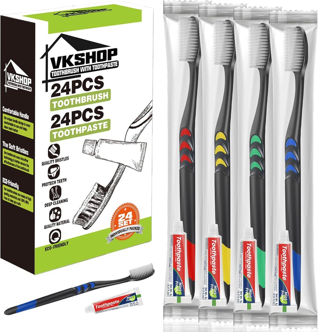 24 PS Individual Wrapped Travel Toothbrush Set with Toothpaste, Bulk Disposable Toothbrushes KitSoft Toothbrushes for Adults for Travel, Hotel, Business TripsDaily BackupBlack,Toothpaste 5g