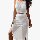Pink Queen Women 2 Piece Swimsuit Crochet Hollow Out Swim Cover Up Bikini Swimwear Knit Mesh Tunic Beach Dress Side Slit M