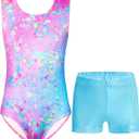 Nymphperi Girls Gymnastics Leotards 2 Piece Shiny Sleeveless Bodysuits with Sparkly Breathable Shorts Suit