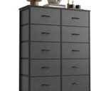Sweetcrispy 10 Drawer Dresser, Tall Fabric Dresser for Bedroom, Storage Tower with Bins Chest Organizer Unit for Closet, Hallway, Steel Frame Wood Top, Easy Pull Handle, Grey