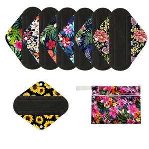 7pcs/Set Reusable Menstrual Pads Including 1pc Mini Wet Bag +6pcs Bamboo Charcoal Cloth Menstrual Incontinence Pads/Reusable Sanitary/Mama Panty Liners (All Randomly Prints)