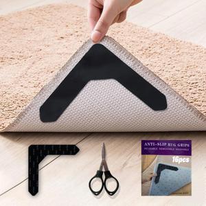 Rug Gripper Slip Rug, Reusable and Washable Double Sided Rug Tape, Strong Adhesive Rug Gripper for Hardwood Floors, Keep Corners Flat, Non Slip for Floor Removable, 16Pcs (Black)