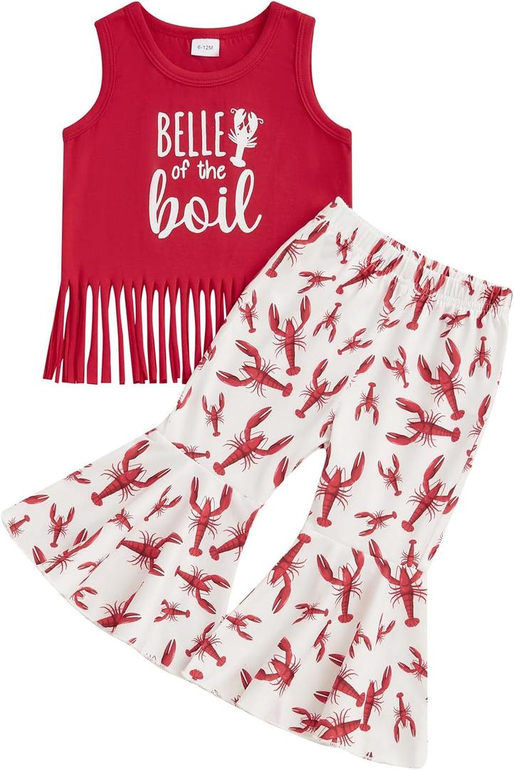 Kids Toddler Baby Girl Crawfish Boil Outfit Red Tassel Shirts with Flare Pants Set 2Pcs Summer Clothes, 2-3Y