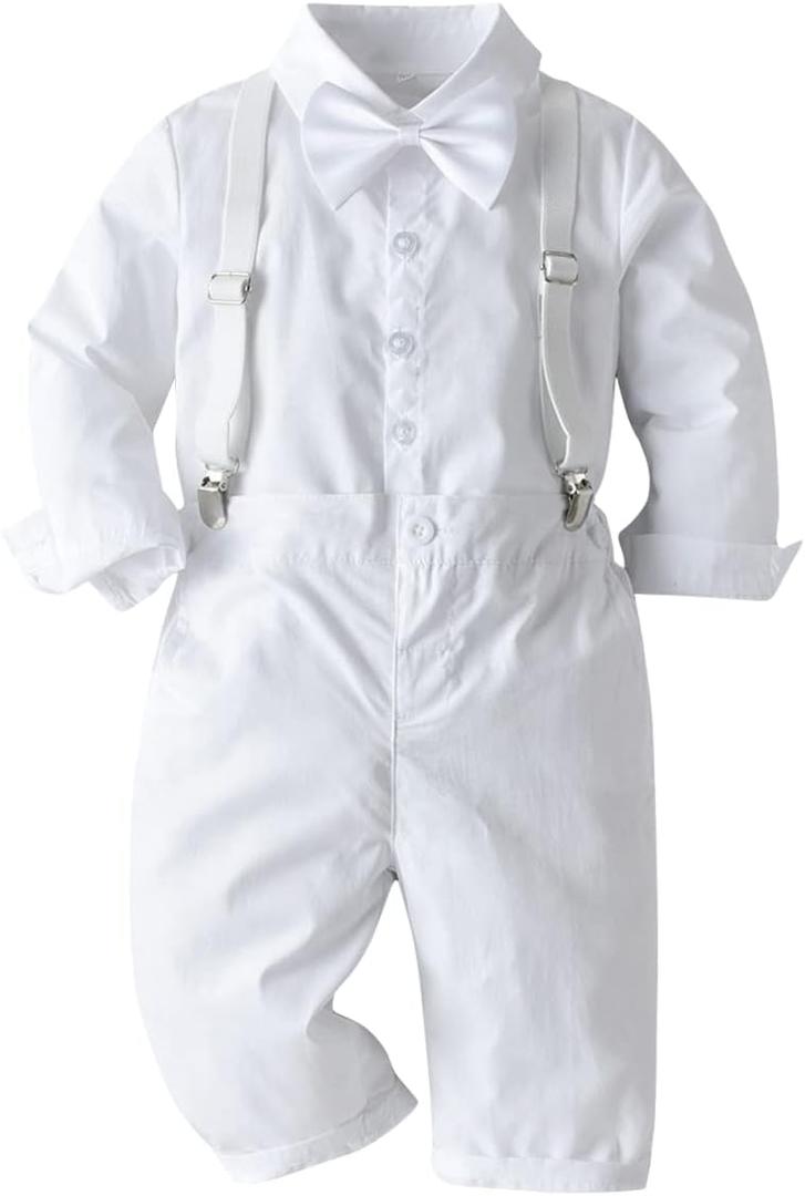 Baby Boys Christmas Outfit Bowtie Shirt Romper Suspenders Shorts Pants Wedding Birthday Party Tuxedo Gentleman Suit (2-3T, All White)