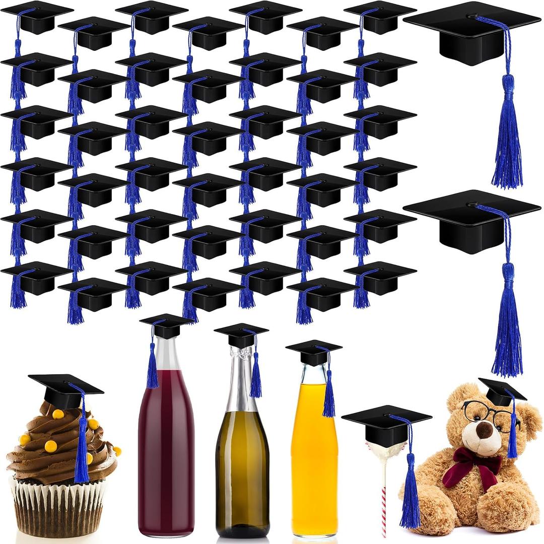 Qunclay 60 Pieces Mini Graduation Cap Hats Plastic Grad Cake Supplies Cover Toppers for Graduation Party Decorations(Black Blue)