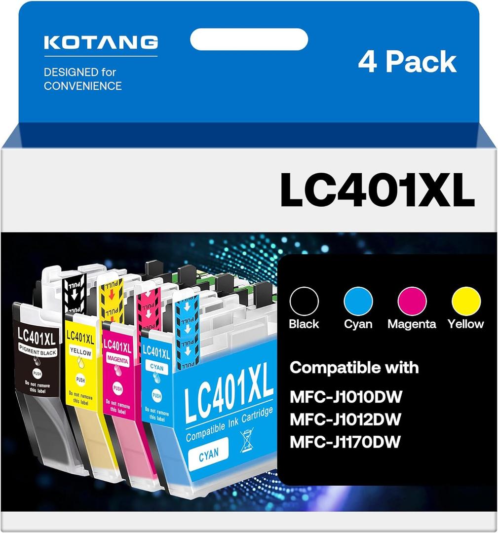 LC401XL Ink Cartridge Replacement for Brother LC401XL Ink Work with MFC-J1170DW J1010DW J1012DW Printer (Black, Cyan, Magenta, Yellow, 4 Pack)